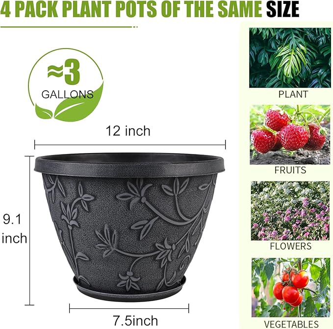 Nooulap 4 Pack 12 Inch Large Flower Pots for Outdoor Indoor, Plastic Plant Pots with Drainage Hole & Saucer, Modern Decorative Garden Pot, Imitation Magnolia Pots for Garden House Planters（Gray）