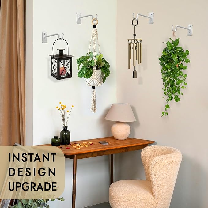 RTZEN Plant Hangers Outdoor or Indoor - Wrought Iron Metal Hanger Indoor Hook - Heavy Duty Wall Bracket Hooks for Hanging Plants Baskets Lanterns Wind Chimes - 2 Pack (White Shepherds Hooks 10")