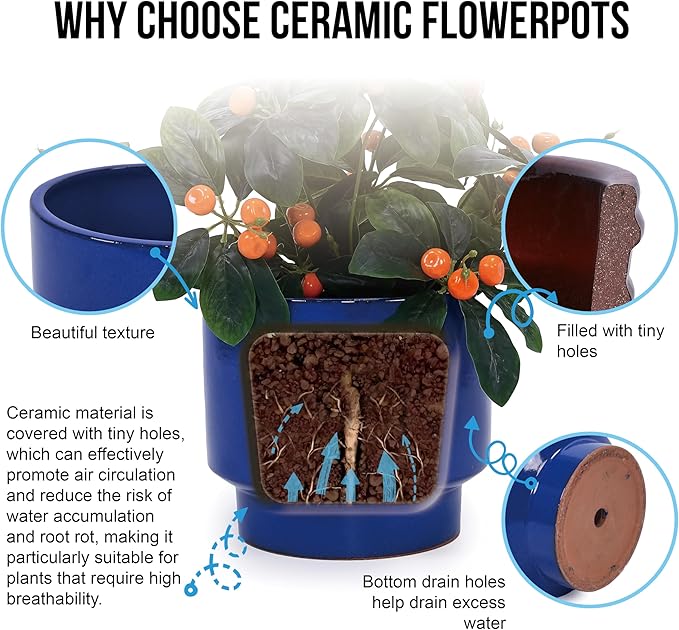 3-Piece Ceramic Flowerpot Set Modern Glossy Planters Elevated Base Drainage Hole Airflow Promoting Round Pots Succulents Flowers Patio Windowsill Frost Heat Weather Resistant (Antique Blue Green)