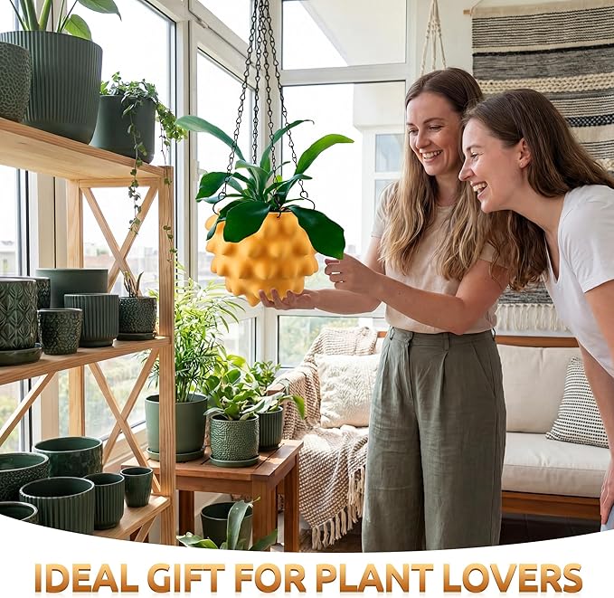 Enhon 6 Inch Hanging Planters for Indoor Plants, Unique Hanging Pots for Plants with Drainage and Hanger Baskets Hangers, Spiked Orb Plant Hanger, Matte Mustard Yellow