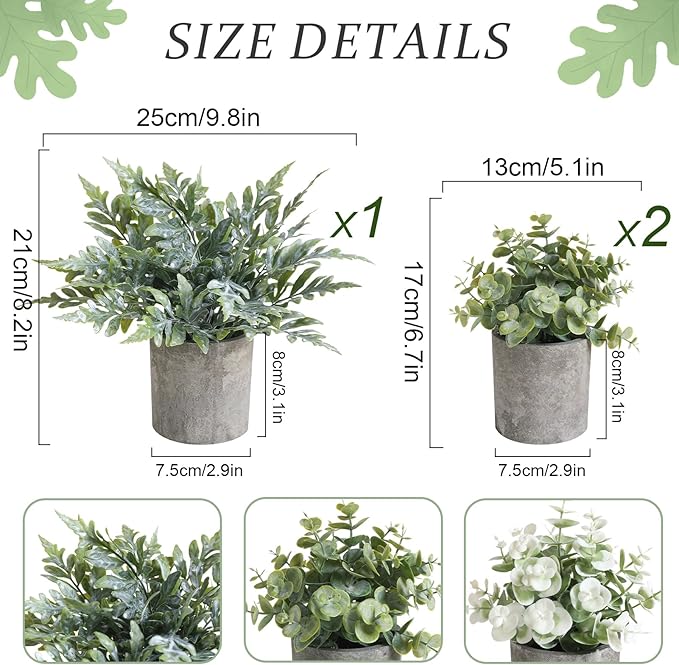 3 Pack Mini Potted Fake Plants Artificial Plastic Indoor Eucalyptus Plants for Home, Office, Desk, Bathroom, Coffee Table & Shelf (Green)