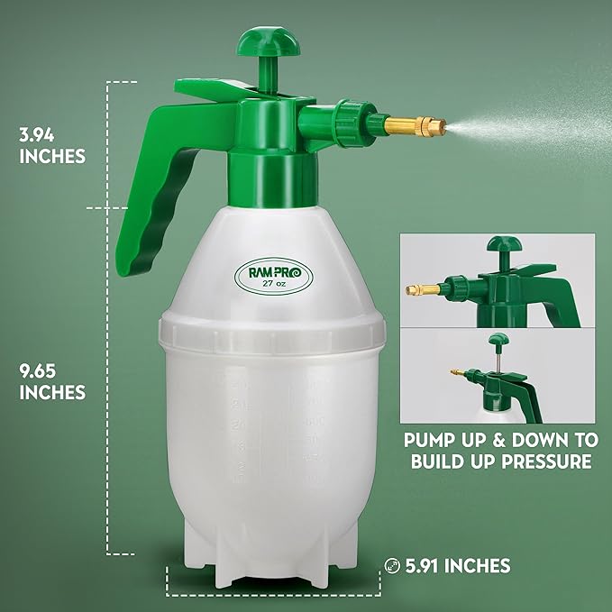 Garden Pump Sprayer, Handheld Bottle Mist Water Sprayer, Hand Pressure Home Cleaning Plant Lawn Sprayer w/ Safety Valve & Adjustable Bronze Nozzle, 1 Liter/1 QT/.26 Gallon/34 Ounces/1000 ml –By Rampro