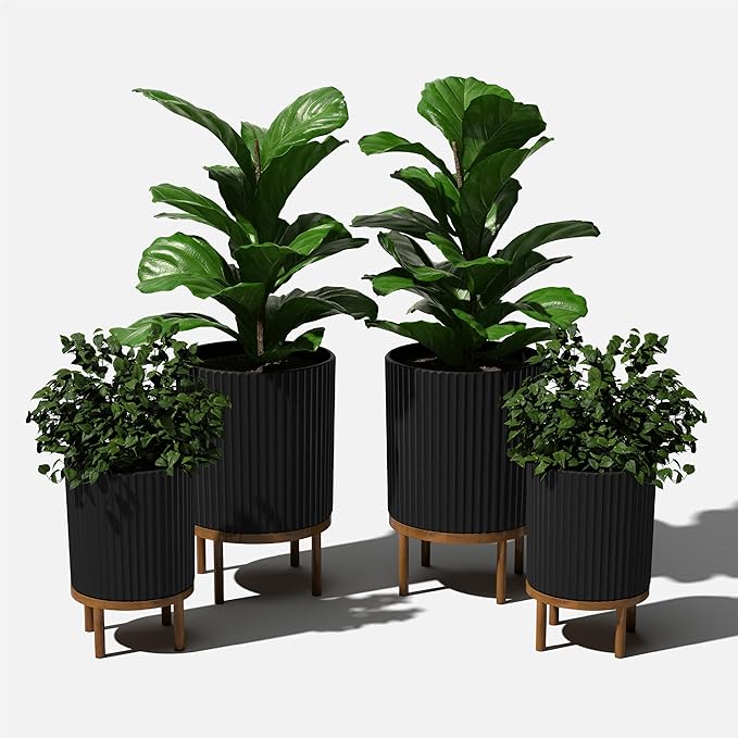 Veradek Demi Series Round Planter w/Stand for Porch/Patio | Durable Plastic-Stone Composite & Wooden Stand | Modern Décor for Tall Plants, Flowers