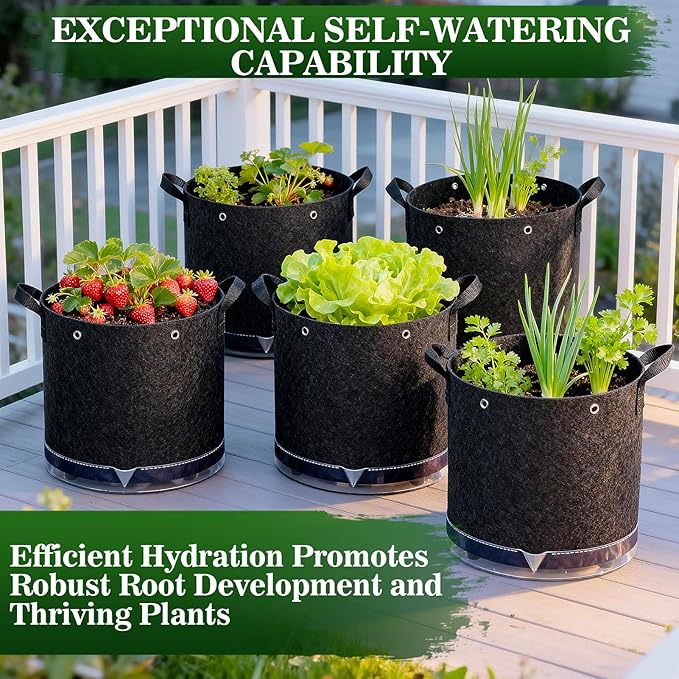 3 Pack 7 Gallon Self-Watering Grow Bags, Thick Nonwoven Fabric Pots with Support Rings and Reinforced Handles, Self-Watering Planters with Bottom Reservoir for Tomatoes Peppers Potatoes and Vegetables