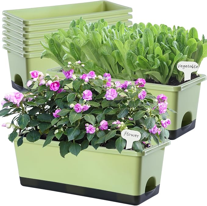Oliz Window Box Planter 8 Pcs, 17 Inches Rectangle Flower Pots with Drainage Holes & Trays, Vegetable Planters for Windowsill Patio Garden Balcony Home Indoor Outdoor (Light Green, 16 * 7 * 6 inch)
