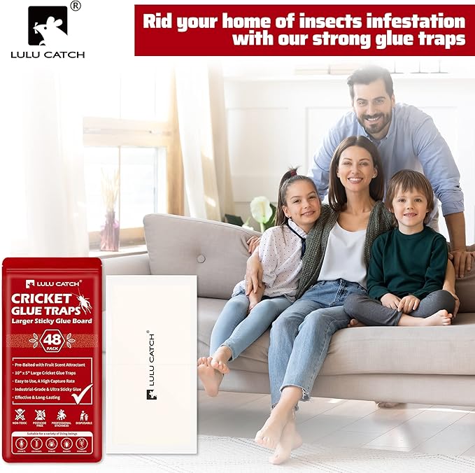LULUCATCH Cricket Insect Glue Traps - 48 Pack Bug Sticky Traps, Large & Adhesive Spider Scorpion Trap with Pre-Baited Attractant, Highly Effective Glue Boards Indoor, Non-Toxic, Pet Safe Pest Control