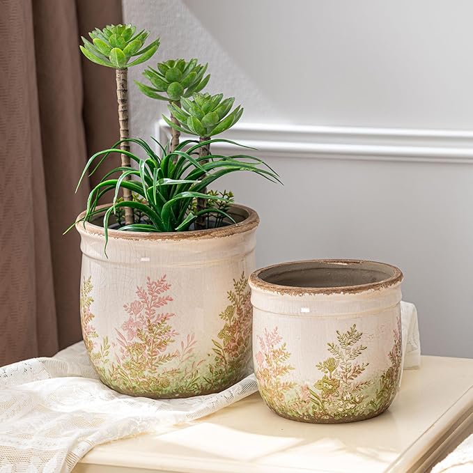 SURE YUESI Vintage Pink and Green Ceramic Planter Set of 2, 4.7+5.7 Inch Rustic Flower Pots for Indoor Plants, Decorative Ceramic Plant Pots for Home, Living Room, Garden, Gardening Gift