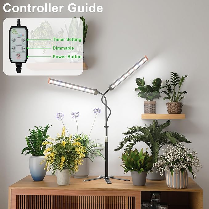 GooingTop Grow Light for Indoor Plants,5000K Full Spectrum Growing Plant Lamp with White Red Blue LED for Pots Succulents Seed Starting,Height Adjustable 10-32'' with Optional Dimming & Timer
