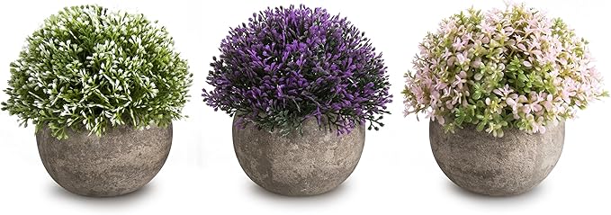 Opps Mini Artificial Plants Plastic Fake Green Colorful Flower Topiary Shrubs with Gray Pot for Home Décor – Set of 3