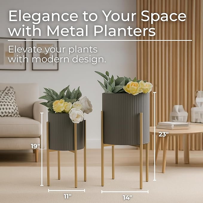 Decorative Flower Pots with Metal Stand for Home Decor - Modern Planters for Hallway, Entryway, and Living Room Decor - Indoor and Outdoor Pots for Plants - Set of 2, 23", 19", Gray & Gold