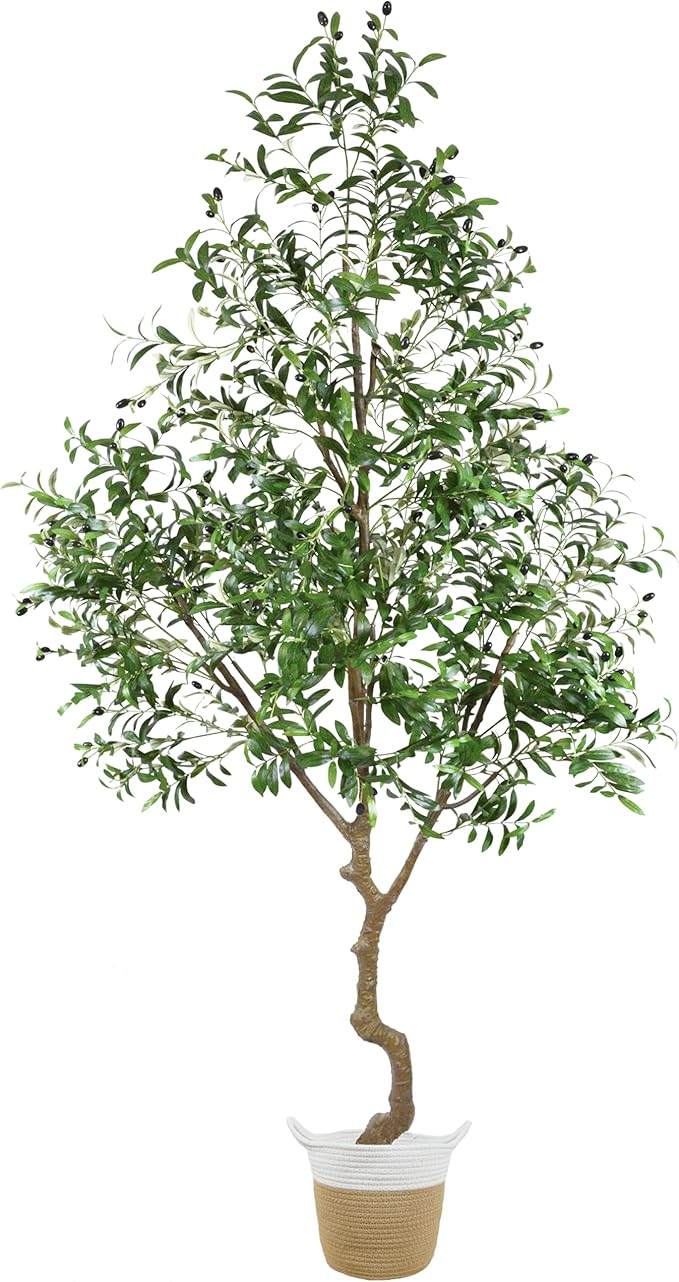 Warmplants 8ft Artificial Olive Tree, 96” Tall Fake Plant with Basket, Indoor Outdoor Faux Large Olive Silk Tree for Home Office Living Room Decor (2400 Leaves)