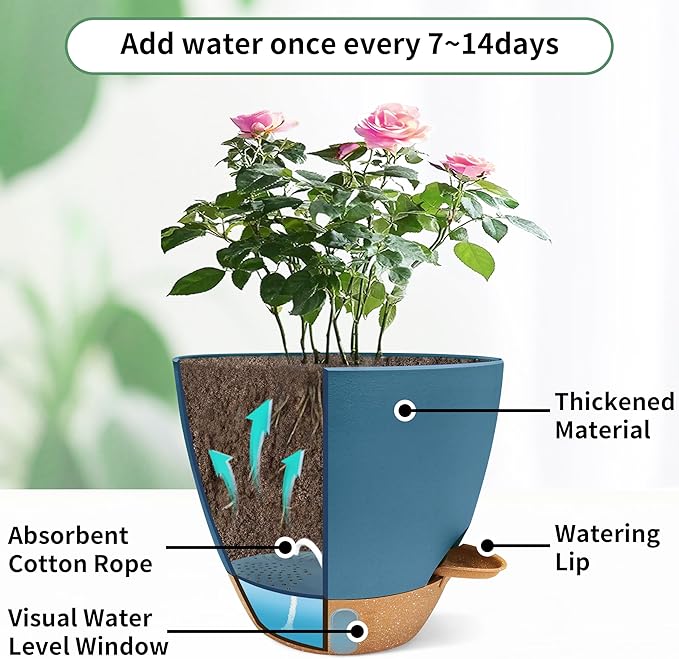 MNKXL 12"/10"/9"/8" Self Watering Pots with Visual Water Window,Extra Large Self Watering Plant Pots with Drainage Holes & Saucers,Blue Planters for Indoor Plants,4-Pack