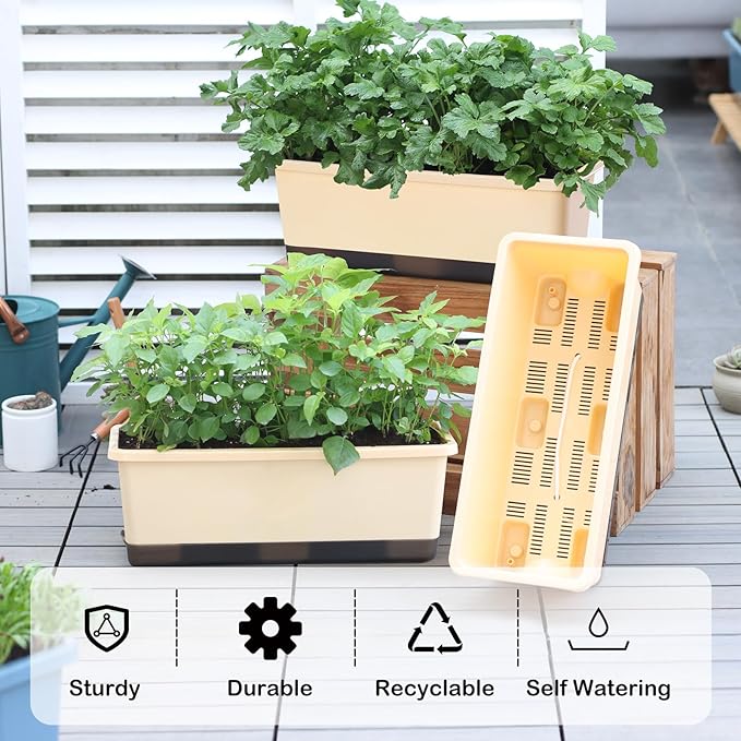 Oliz Window Box Planter 8 Pcs, 17 Inches Rectangle Flower Pots with Drainage Holes & Trays, Vegetable Planters for Windowsill Patio Garden Balcony Home Indoor Outdoor (Barley Yellow, 16 * 7 * 6 inch)