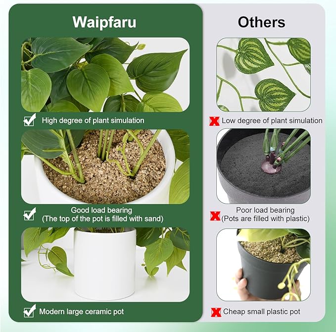 Waipfaru Faux Plants Indoor with Ceramic Pots, Realistic Small Fake Plants with Pothos, Artificial Potted Plants for Home Shelf Bathroom Kitchen Office Indoor Outdoor Decor