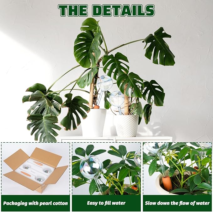 3PC Plant Watering Globes, 6 oz Upgraded Iridescent Self Watering Globes with Terracotta Stakes & 5 Plant Labels, Auto Glass Watering Bulbs for Indoor Plants, Rainbow Vacation Plant Watering Devices
