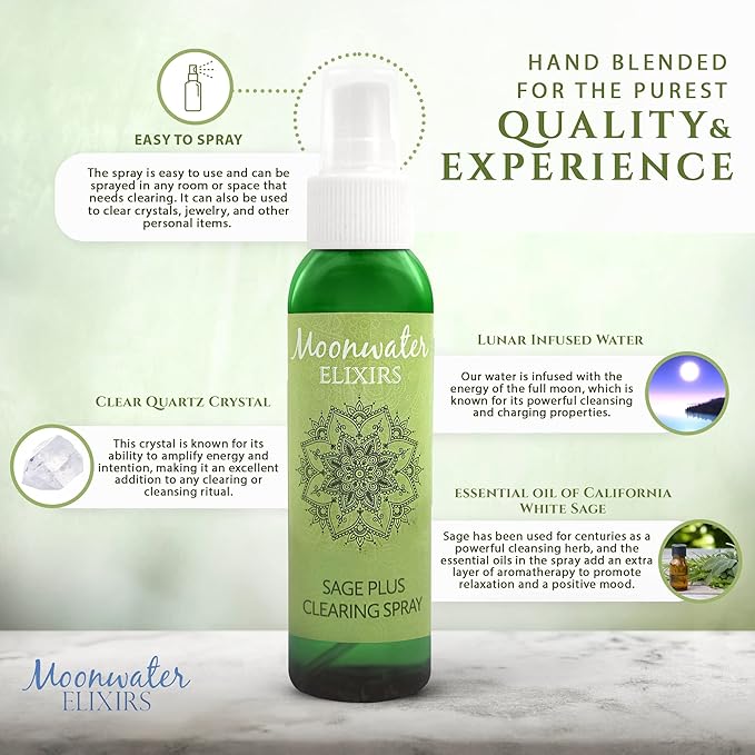 White Sage Smudge Spray for Spiritual Cleansing & Aura Protection, Sage Spray for Cleansing Negative Energy & Protection, Home & Meditation, Clear Quartz Reiki Treated Aromatherapy Room Spray 4 + 8