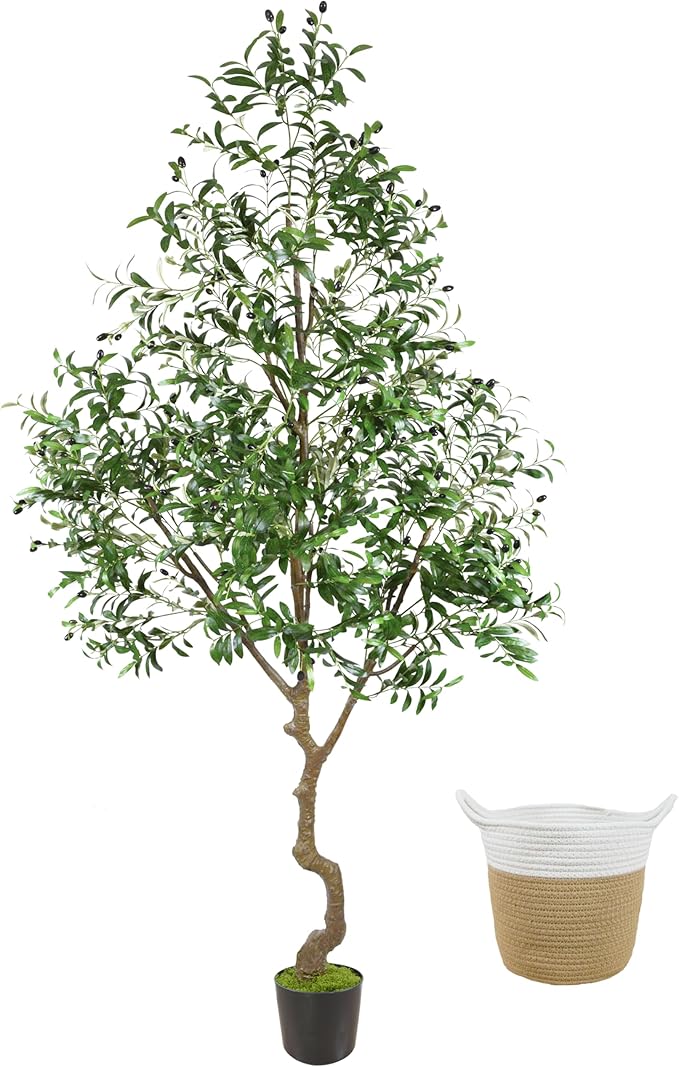 Warmplants 8ft Artificial Olive Tree, 96” Tall Fake Plant with Basket, Indoor Outdoor Faux Large Olive Silk Tree for Home Office Living Room Decor (2400 Leaves)