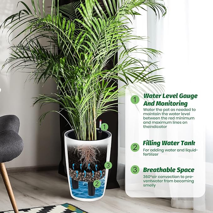 16" Tall Planter Set of 2, Self Watering Pots with Built-in Drainage and Water Level Gauge, Large Planter Pots for Garden, Patio, Balcony, Lounge, White