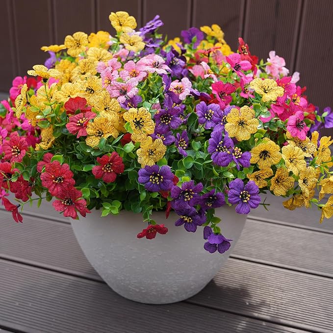 trytuny Artificial Flowers for Outdoor, UV Resistant Fake Silk Flowers, Realistic Faux Plants for Outside Indoor Porch Patio Window Box Planter Home Decor (20, Yellow Purple Rosy Pink Red)