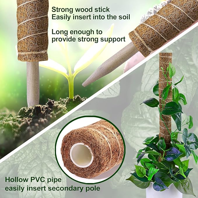 Fabulas Moss Pole 47.5 Inch - Monstera Plant Support, 4 Packs 16 Inch Plant Stakes for Indoor Plants Coco Coir Moss Pole Sticks for Climbing Potted Live Plants, Pothos, Philodendron, with Garden Ties