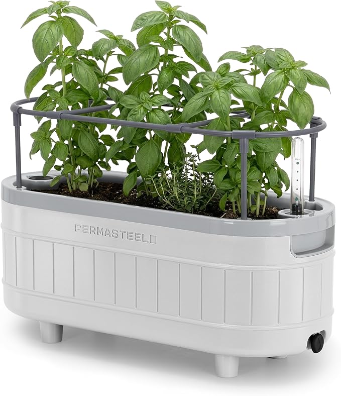 Permasteel Herb Garden Planter with Trellis Support, Self-Watering System with Water Level Indicator, Fits Multiple Herb Plants, for Basil, Flowers, Succulents, Indoor & Outdoor, White