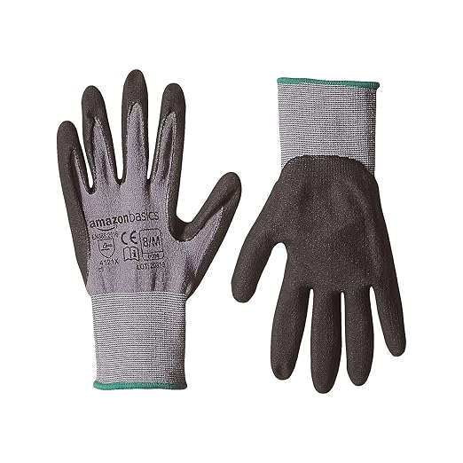 Amazon Basics Micro-Foam Nitrile Coated Safety Work Gloves, Nylon Liner Fiber, Touch Screen Compatible, Grey, Size 8, Medium, 6-Pack