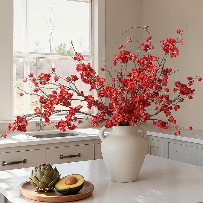 florisso 6 PCS Artificial Cherry Blossom Branches Spring Indoor Decoration, Faux Red Flowers 34.45" Long Stems Fake Plum Peach Plants Real Touch Silk for Wedding Home Bedroom Party Table Office