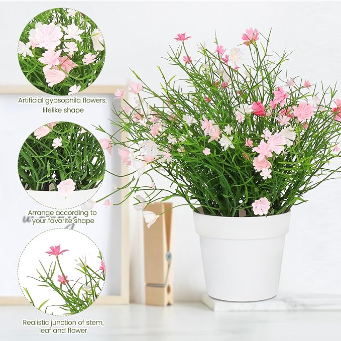 Artificial Babys Breath Potted Fake Plants with Flowers Faux Plants Indoor for Home Office Bookshelf Table Room Decor (Pink)