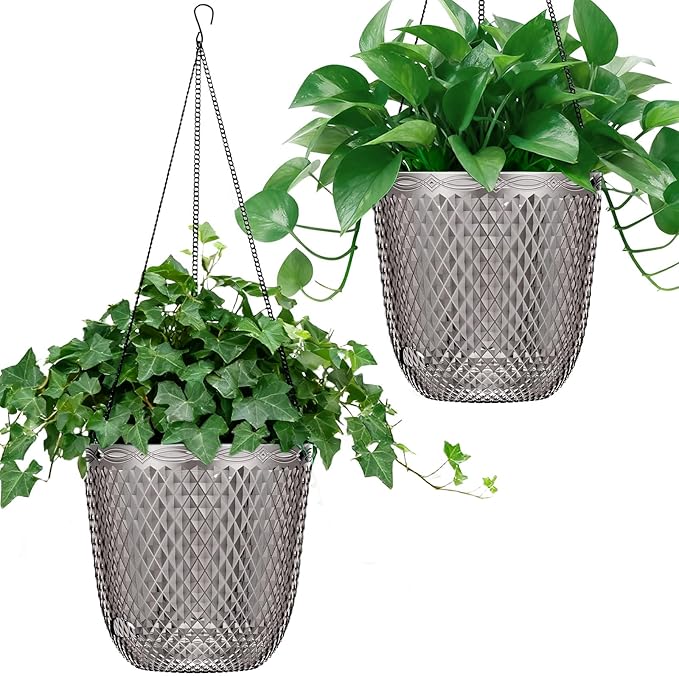 QCQHDU Self Watering Hanging Pots, 2 Pack 7.2 Inch Hanging Planters for Plants Indoor, Flower Pots with Drainage Holes and 3 Hooks Chains for Garden Home (Gray)