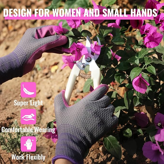 Gardening Gloves for Women 3 Pairs, Garden Gloves for Pruning Flower Rose, Weeding, Digging, Raking, Flower gloves with Rubber coating (Small, Pink)
