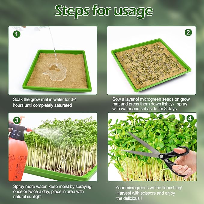 9Set Microgreens Growing Mat with Tray, Microgreen Growing Kit 10″×10″ Wheatgrass Seed Sprouting Starter Mat Hemp Fiber Grow Hydroponic Jute Pad Indoor Organic Production for Germination Sprouts(G)