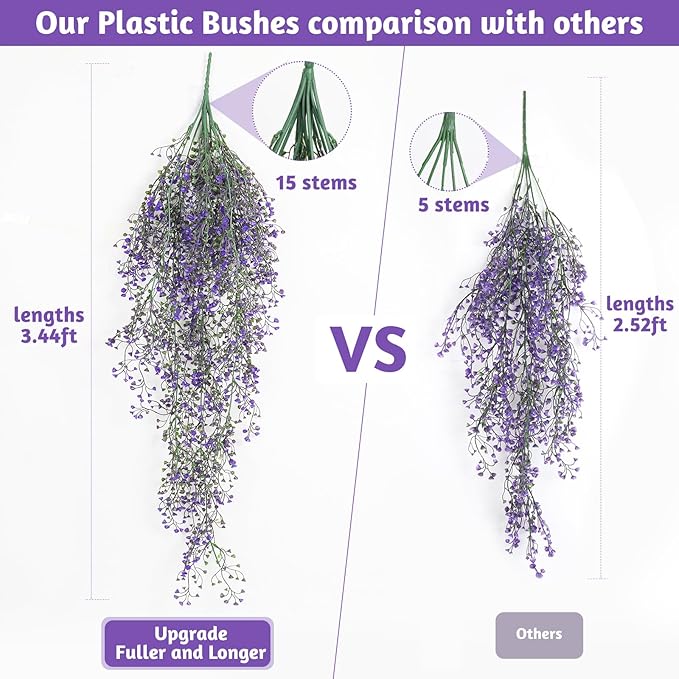 RECUTMS Artificial Vine Plants 2 Pack Fake Hanging Flower Plants Faux Ivy Vine Leaves Plastic Baby Breath Greenery UV Resistant for Home Bedroom Wall Porch Garden Wedding Decor (Purple)