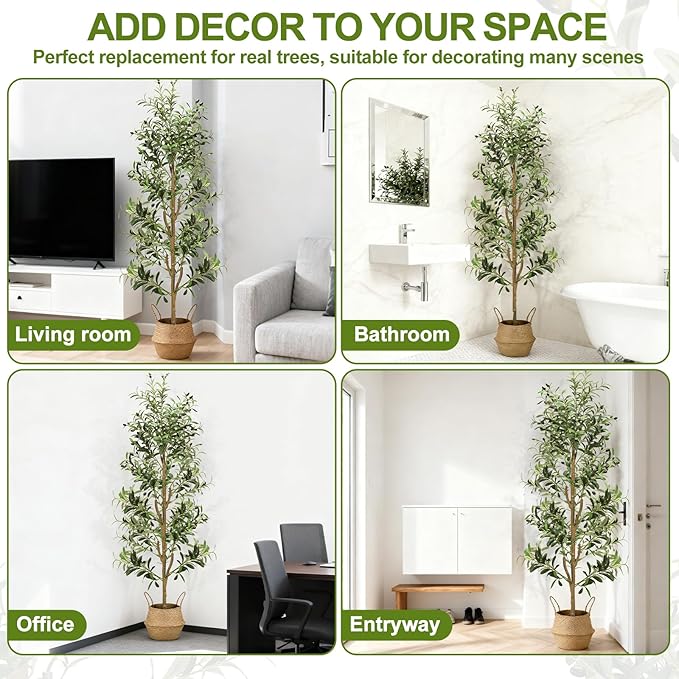 TNELTUEB Faux Olive Tree 6FT - Indoor Tall Artificial Olive Trees with Planter & Basket and Lights, Artificial Plants with Natural Wood Trunk and Realistic Fruits for Home Living Room Office Decor