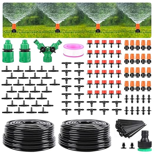 Garden Drip Irrigation Kit,98FT Greenhouse Micro Automatic Drip Irrigation System Kit with 1/4 inch Blank Distribution Tubing Hose Adjustable Patio Misting Nozzle Emitters Sprinkler