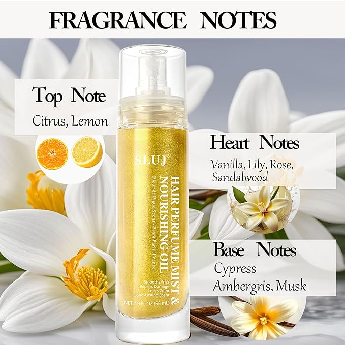 SLUJ Hair Perfume for Women - Hair Mist with Argan Oil & Gold Shimmer, Lightweight Hair Oil Spray for Dry Hair, Heat Protection Spray for Hair, Long Lasting Hair Scent