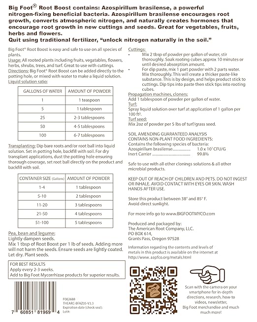 Big Foot Probiotic Root Boost Water Soluble Powder For Established Plants and Transplants - GROW ROOT SIZE, Increase Nitrogen, Grow New Plants from Cuttings, Pea Inoculant - 5 Ounces