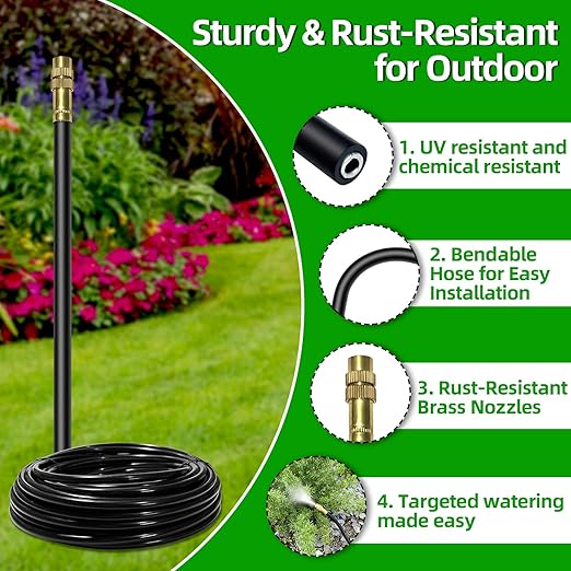 60 Ft Drip Irrigation System for Garden - Drip Irrigation Kit with 19 360°Adjustable Copper Nozzles Hose, Automatic Atomizing Plant Watering Sprinkler System for Yard, Lawn, Greenhouse, Potted