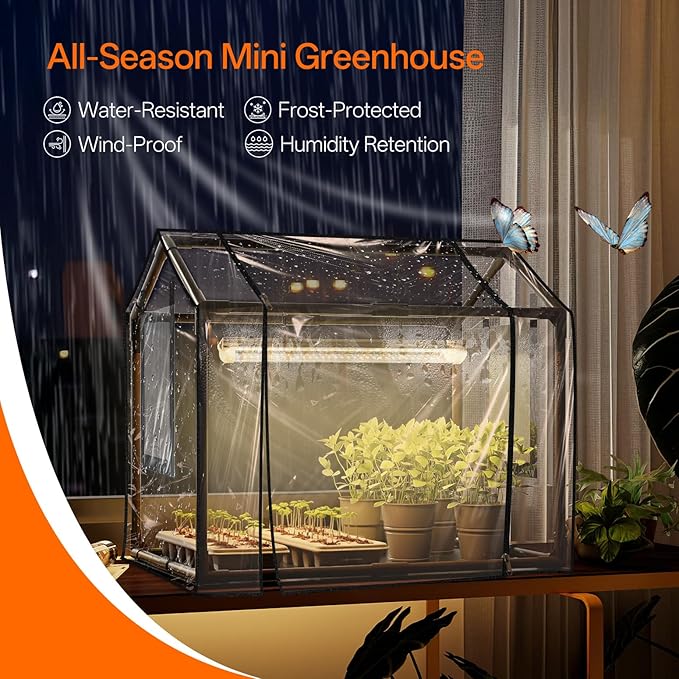 Bstrip Indoor Greenhouse with Grow Light, Mini EVA Tent with PE Base Mat, Ventilation Windows & Zippered Door, 18W Tabletop Greenhouse Light for Seed Starting with Timer, 23.8" x 15.7" x 20.5"