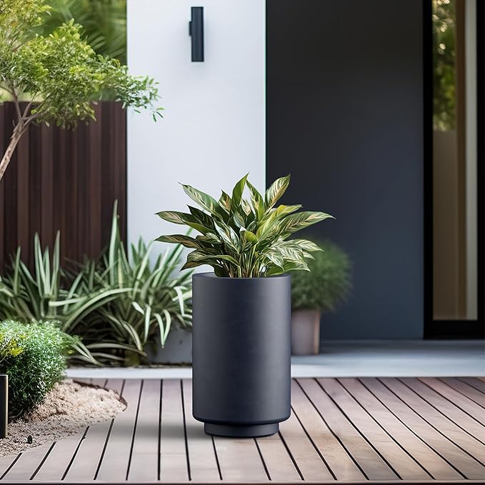 Kante 15.7 Inch Tall Concrete Planter, Round Pedestal Design Garden Pot for Indoor Outdoor Plants, Modern Garden Pot with Drainage Hole, Charcoal Finish with Painted Interior