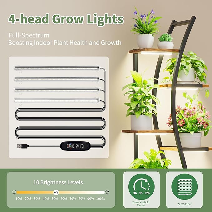MJOMKN 62" Plant Stand Indoor with Grow Lights - 7 Tiered Tall Metal Plant Shelf - Corner Wooden Plant Stand for Indoor Plants Multiple, Large S-Shape Flower Rack Holder for Living Room, Garden, Patio Decor