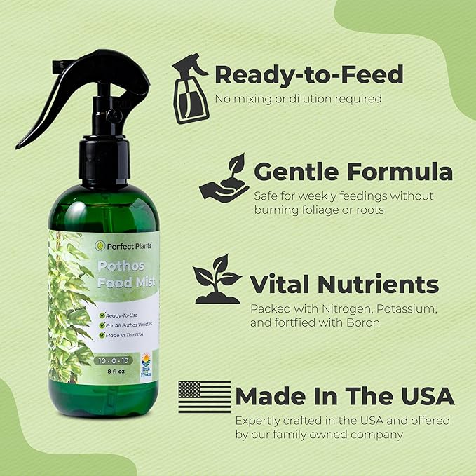 Pothos Spray Fertilizer by Perfect Plants | Liquid Plant Food for Potted Indoor Pothos | Foliage Growth Booster Balanced Phosphorus Free NPK Ratio (8 fl oz)