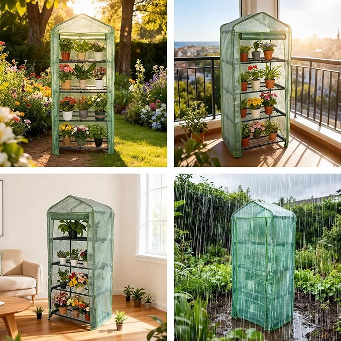 4 Tier Mini Indoor Greenhouse,27"x19"x62" Greenhouse for Indoors&greenhouses for Outdoors with PE Cover and Roll-Up Zipper Door