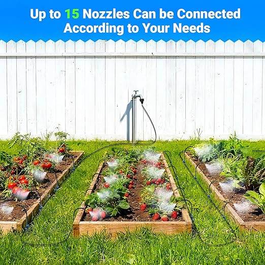 360° Adjustable Drip Irrigation System - Compatible 1/4" Irrigation System, 50FT Garden Watering Atomizing System with 15 Nozzles, Greenhouse Accessories for Yard, Lawn, Plants, Garden