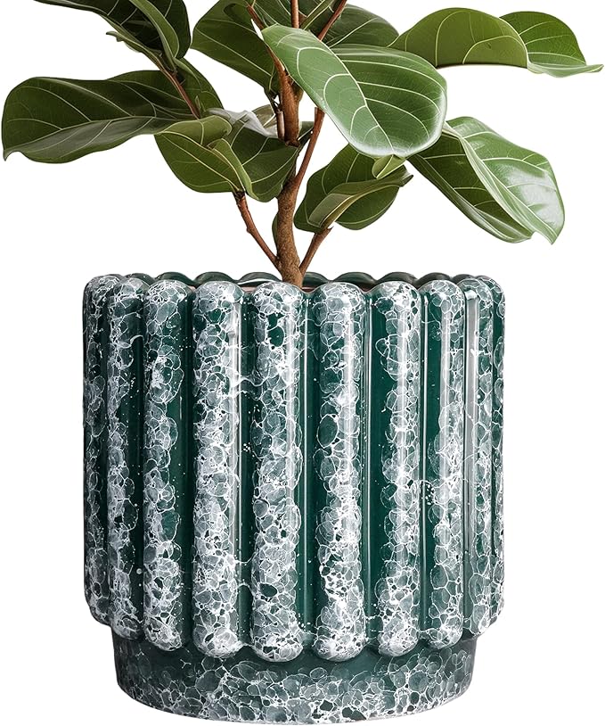 Ceramicfor 12 Inch Pots for Plants - Ceramic Indoor Planters with Drainage Hole, Decorative Large Planters for Outdoor Plants, Fluted Round Ceramic Flower Pots, Home Patio Decor, Birthday Gifts, Green