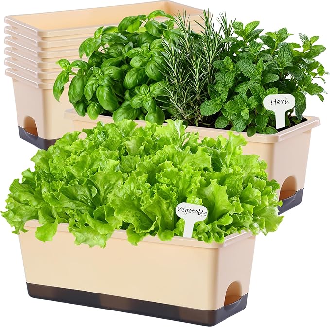 Oliz Window Box Planter 8 Pcs, 17 Inches Rectangle Flower Pots with Drainage Holes & Trays, Vegetable Planters for Windowsill Patio Garden Balcony Home Indoor Outdoor (Barley Yellow, 16 * 7 * 6 inch)