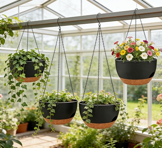 Set of 4-8 Inch Self Watering Hanging Planters for Indoor Outdoor，Hanging Plant Pots with Drainage & Removable Tray, Hanging Pots Holder for Ivy, Pothos, Ferns, Balcony & Patio, Black Brown