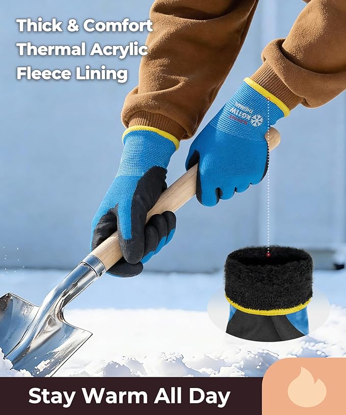 KAYGO 12 Pairs Winter Work Gloves for Men and Women, Thermal Insulated Safety Work Gloves PU Coated, Super Grip,Ideal for Freezer Work,Blue,S