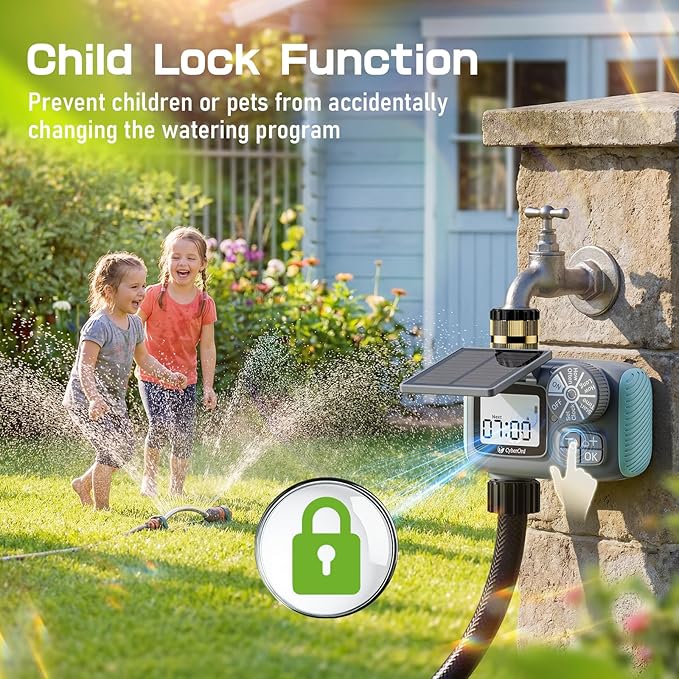 Solar Power Sprinkler Timer with Brass Inlet, CyberOrd Programmable Water Timer for Garden Hose, Hose Timers with Rain Delay/Manual/Automatic Watering System, Digital Irrigation for Yard, Lawn, Garden