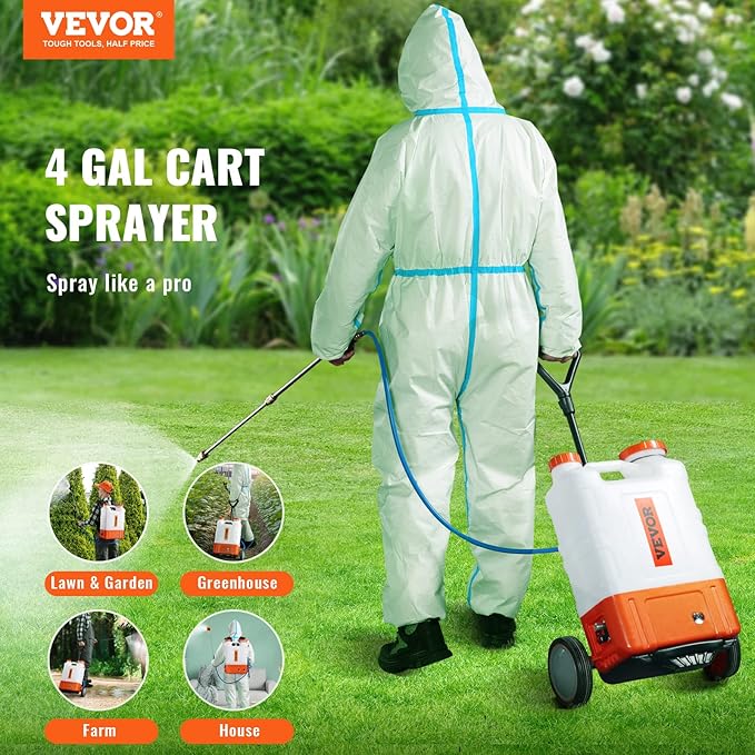 VEVOR 4 Gallon Battery Powered Backpack Sprayer with Wheeled Cart, Adjustable 0-94 PSI, 13FT Hose, 6 Nozzles, 2 Wands Included, Wide Mouth Lid for Weeding, Cleaning, Long Spray Time Without Fatigue