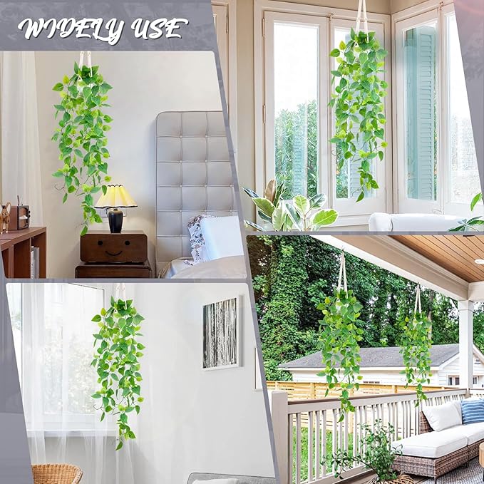 LOYWREE 1 Pack Artificial Hanging Plant Kit with Pot and Hanger - 39" Long Fake Pothos Vines - Hanging Potted Faux Plant Indoor for Wall Ceiling Bedroom Bathroom Living Room Home Decor (White Pot)